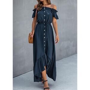 Kirundo Navy Off Shoulder Ruffle Tiered Flowy Maxi Dress 2XL